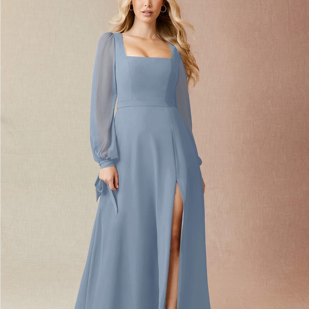 NWT Azazie Leonia Long Sleeve Chiffon Dress Dusty Blue Size 12